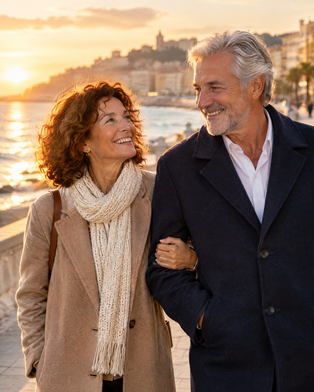 Pareja sénior paseando junto al mar al atardecer